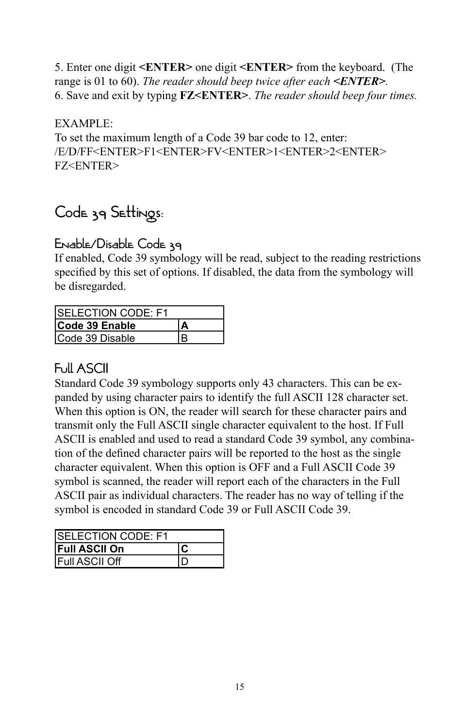Code 39 settings, Enable/disable code 39, Full ascii | Omnitron Systems Technology RS-232 User Manual | Page 21 / 71