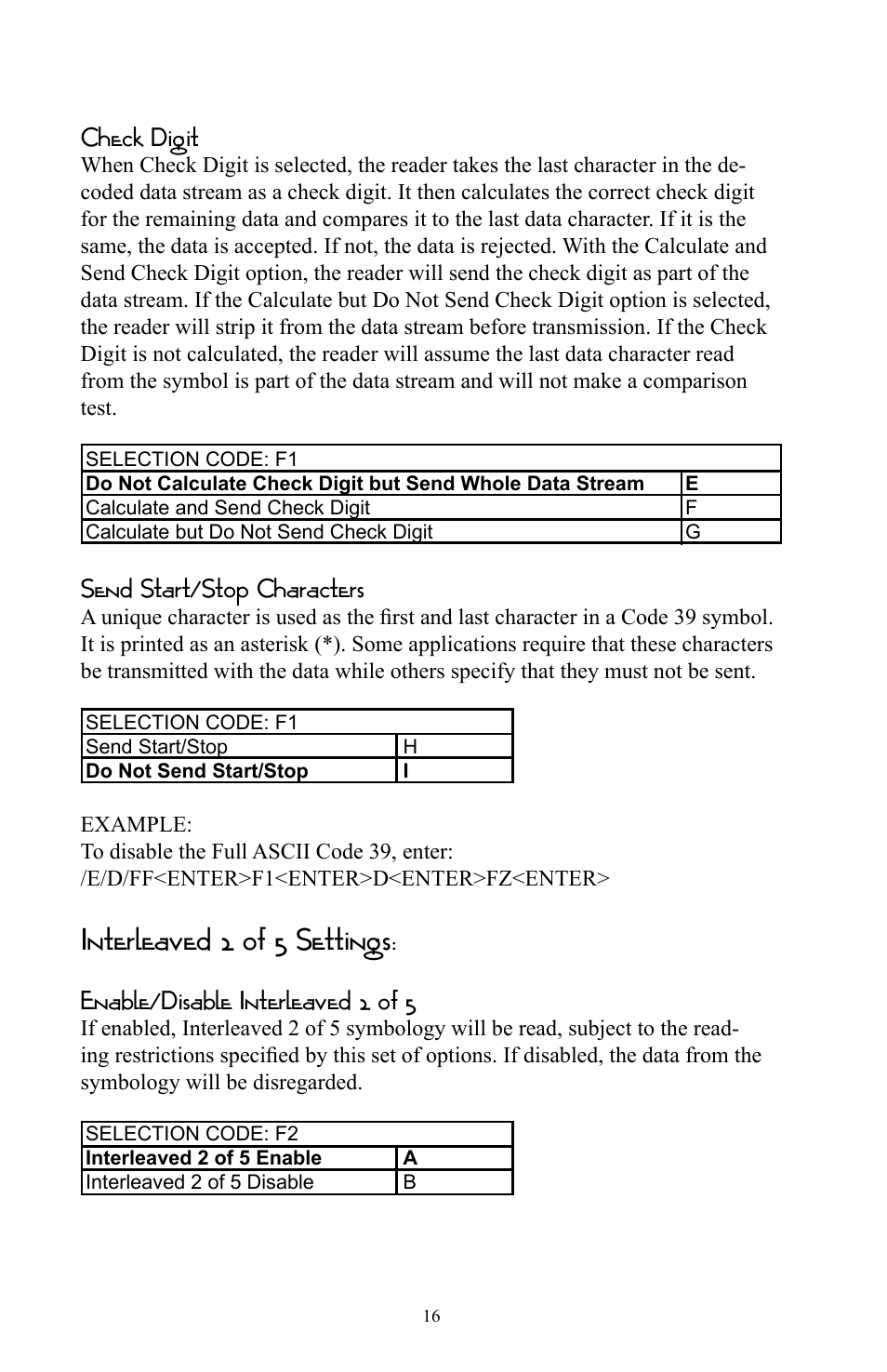 Interleaved 2 of 5 settings, Check digit, Send start/stop characters | Enable/disable interleaved 2 of 5 | Omnitron Systems Technology RS-232 User Manual | Page 22 / 71