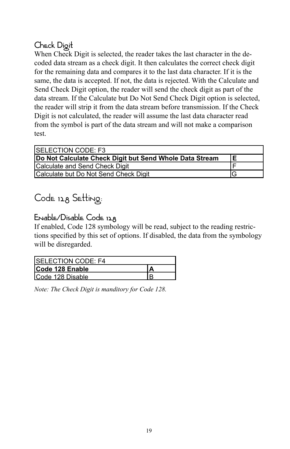 Code 128 setting, Check digit, Enable/disable code 128 | Omnitron Systems Technology RS-232 User Manual | Page 25 / 71