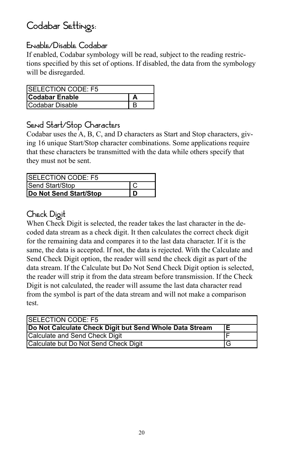 Codabar settings, Enable/disable codabar, Send start/stop characters | Check digit | Omnitron Systems Technology RS-232 User Manual | Page 26 / 71