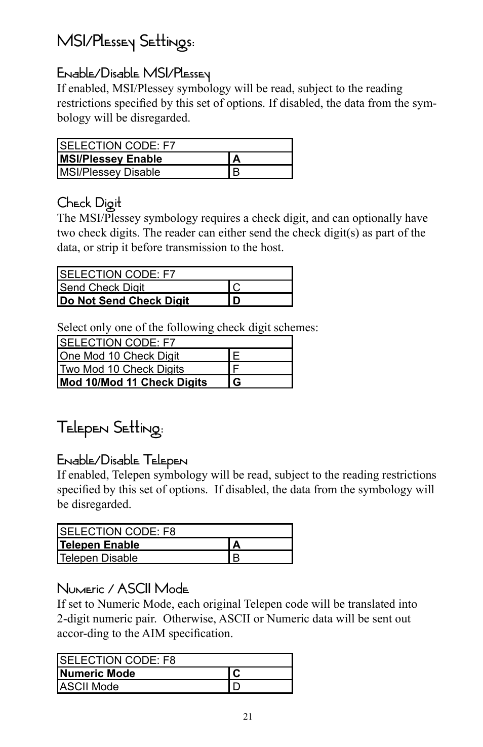 Msi/plessey settings, Telepen setting, Enable/disable msi/plessey | Check digit, Enable/disable telepen, Numeric / ascii mode | Omnitron Systems Technology RS-232 User Manual | Page 27 / 71