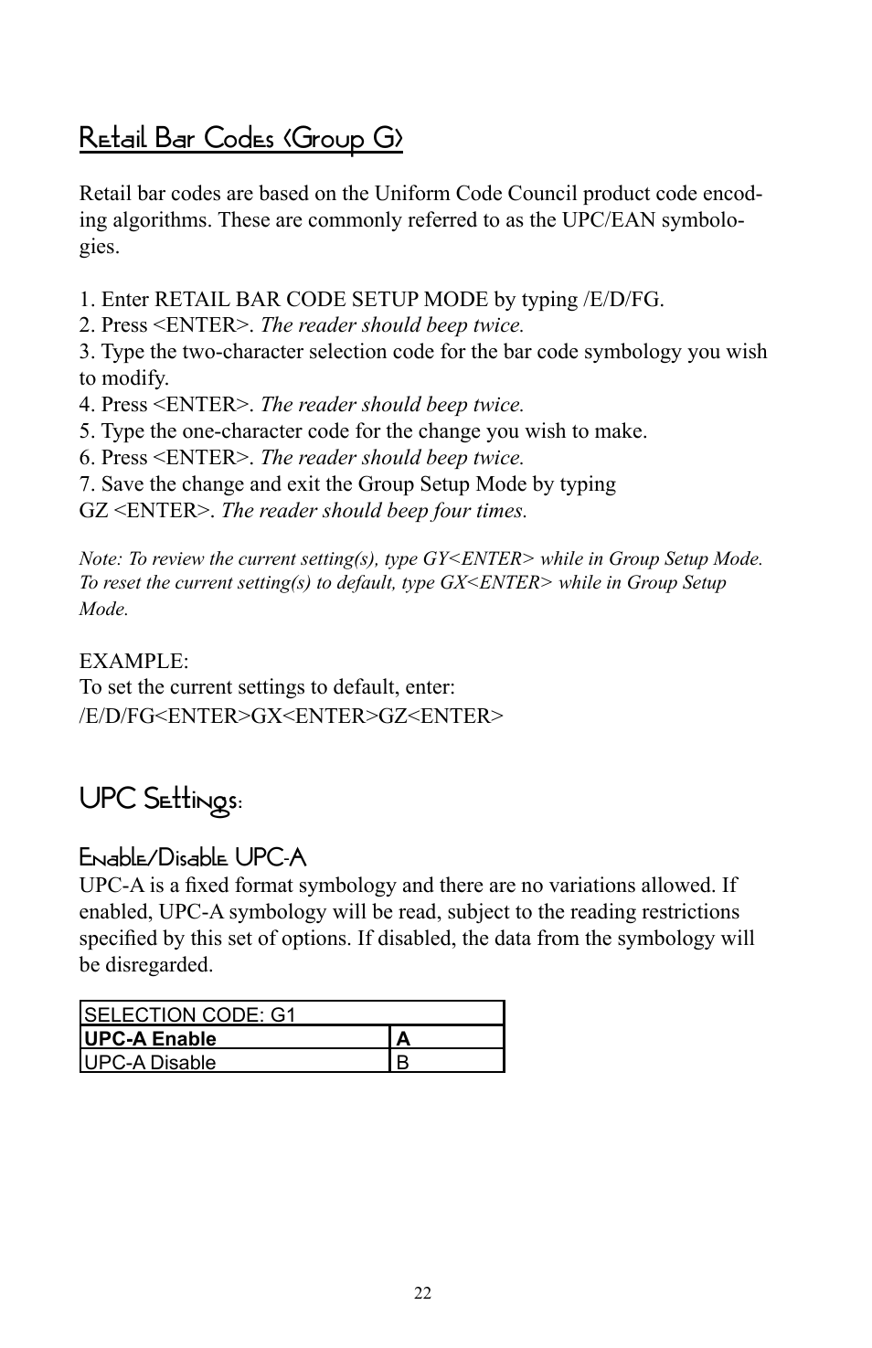 Retail bar codes (group g), Upc settings, Enable/disable upc-a | Omnitron Systems Technology RS-232 User Manual | Page 28 / 71