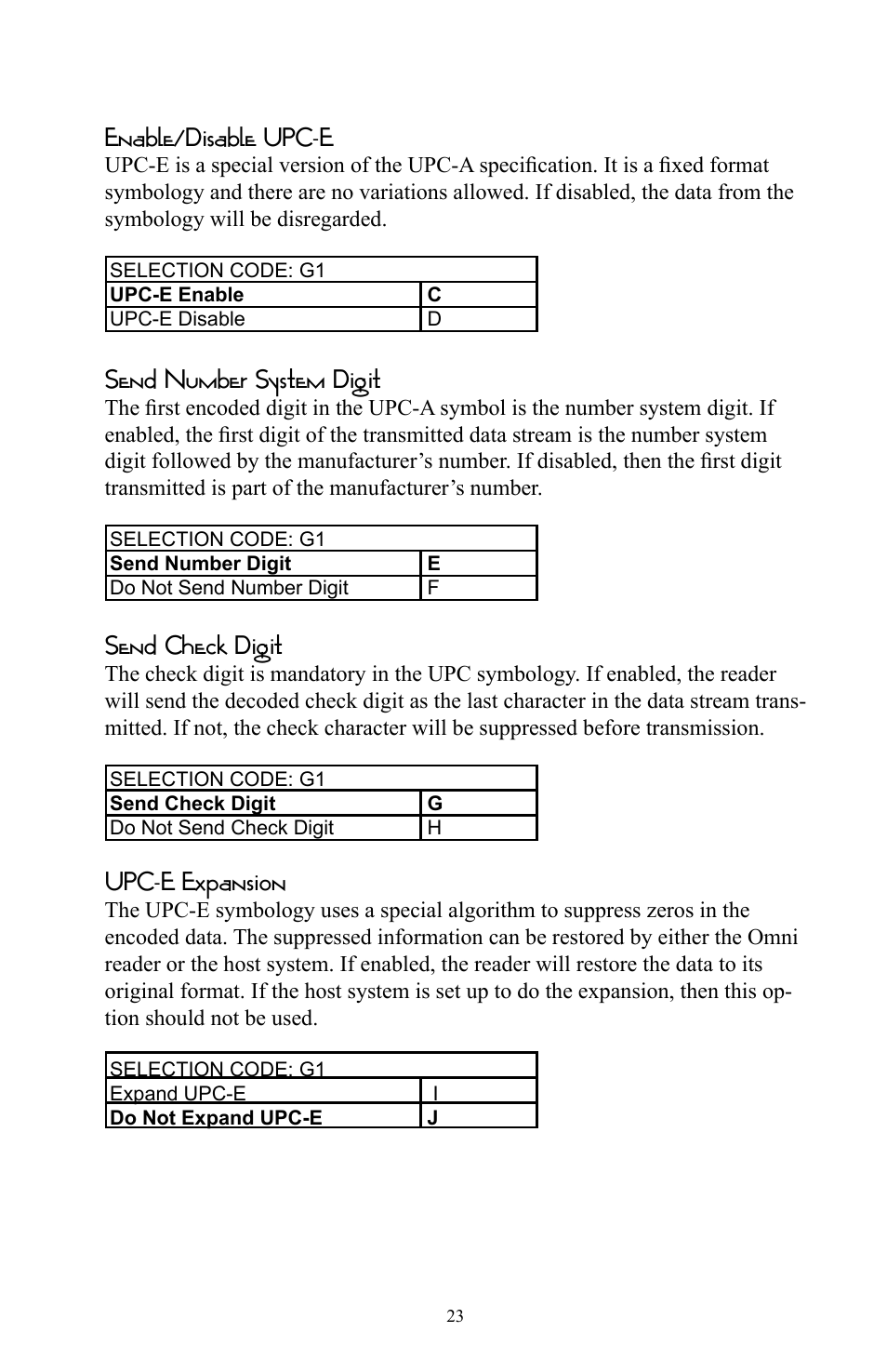 Enable/disable upc-e, Send number system digit, Send check digit | Upc-e expansion | Omnitron Systems Technology RS-232 User Manual | Page 29 / 71