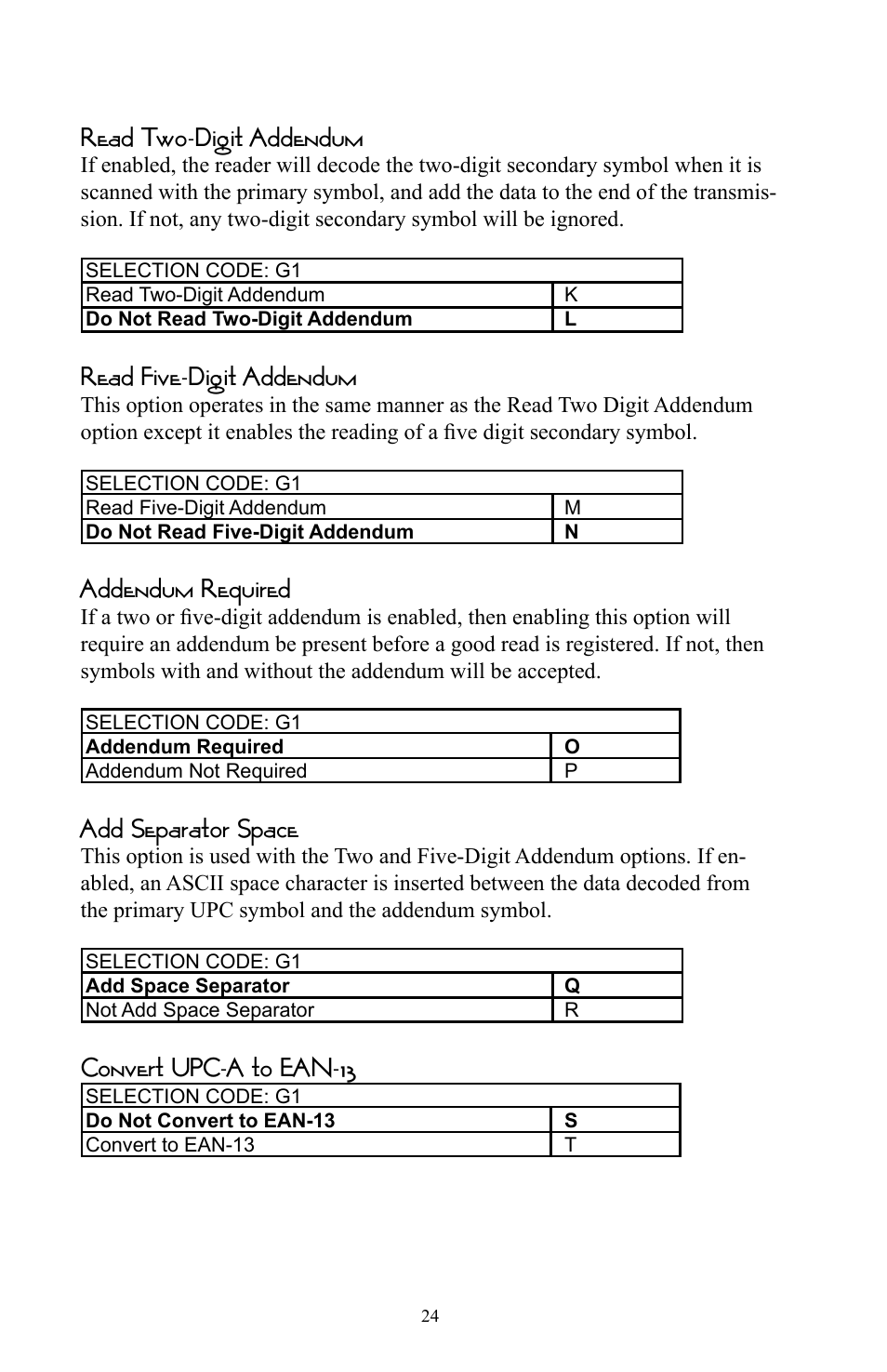 Read two-digit addendum, Read five-digit addendum, Addendum required | Add separator space, Convert upc-a to ean-13 | Omnitron Systems Technology RS-232 User Manual | Page 30 / 71
