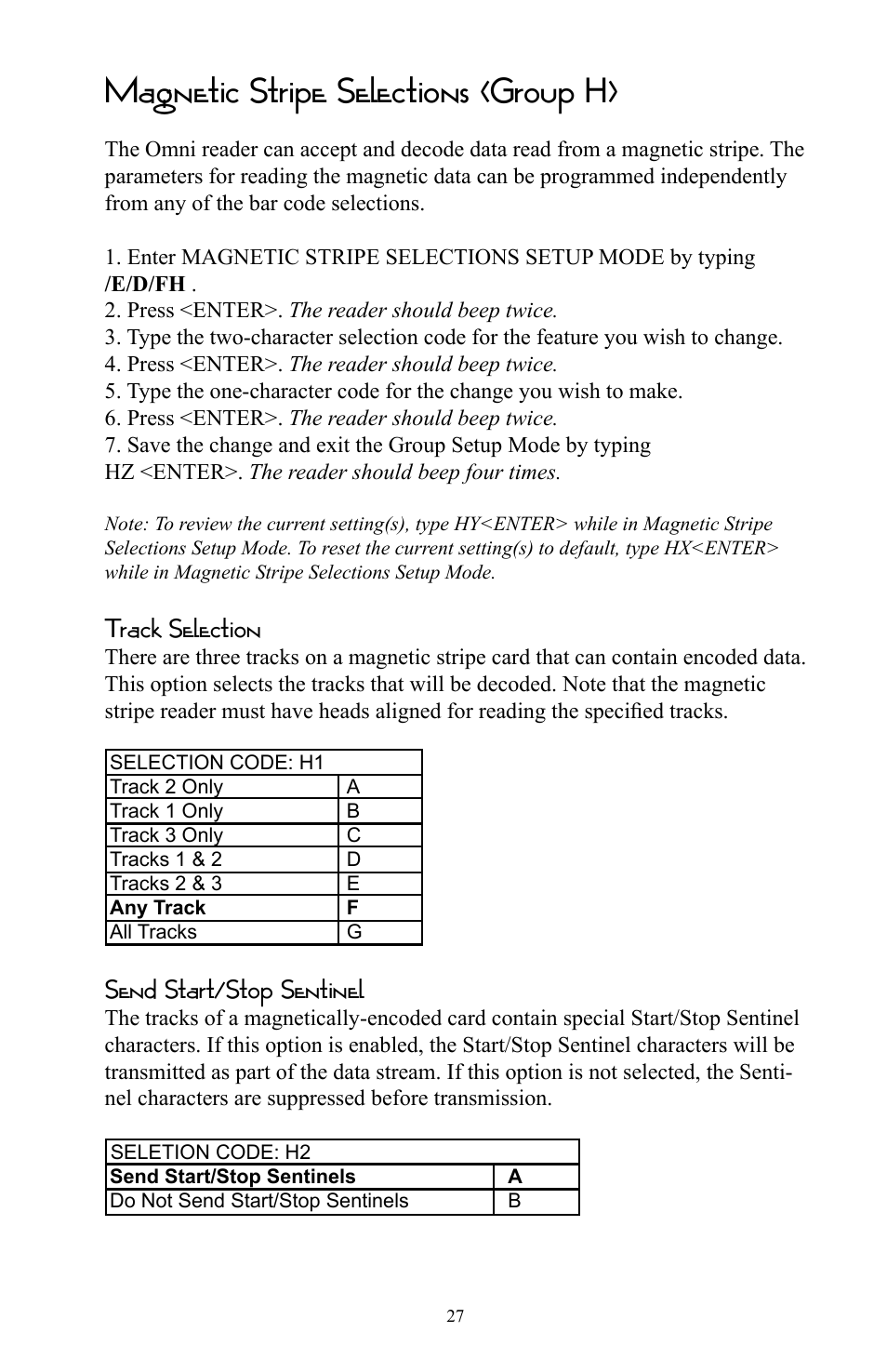 Magnetic stripe selections (group h), Track selection, Send start/stop sentinel | Omnitron Systems Technology RS-232 User Manual | Page 33 / 71