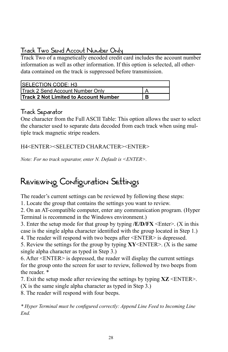 Reviewing configuration settings, Track two send accout number only, Track separator | Omnitron Systems Technology RS-232 User Manual | Page 34 / 71