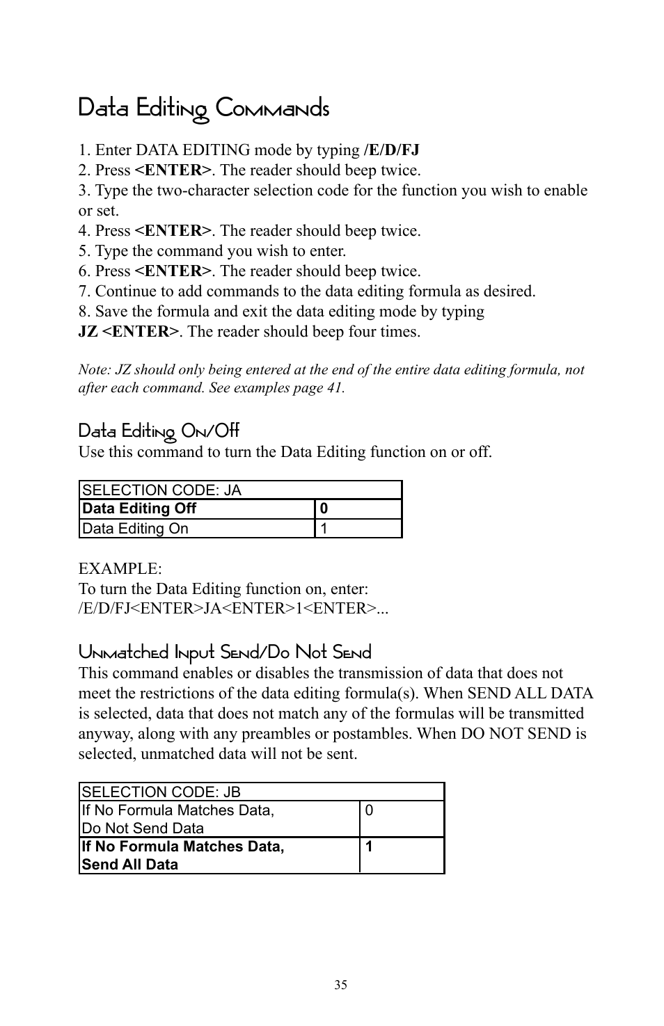 Data editing commands, Data editing on/off, Unmatched input send/do not send | Omnitron Systems Technology RS-232 User Manual | Page 41 / 71