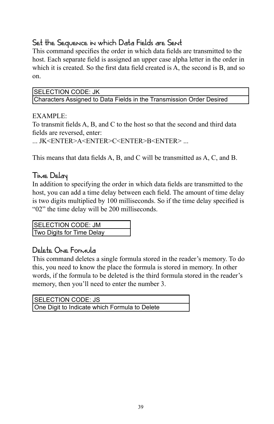 Set the sequence in which data fields are sent, Time delay, Delete one formula | Omnitron Systems Technology RS-232 User Manual | Page 45 / 71