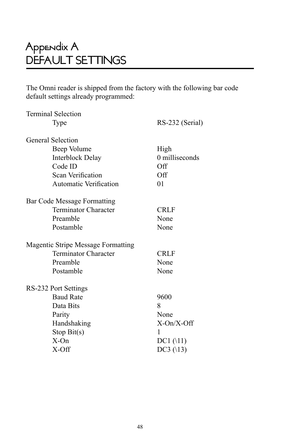 Appendix a default settings | Omnitron Systems Technology RS-232 User Manual | Page 54 / 71