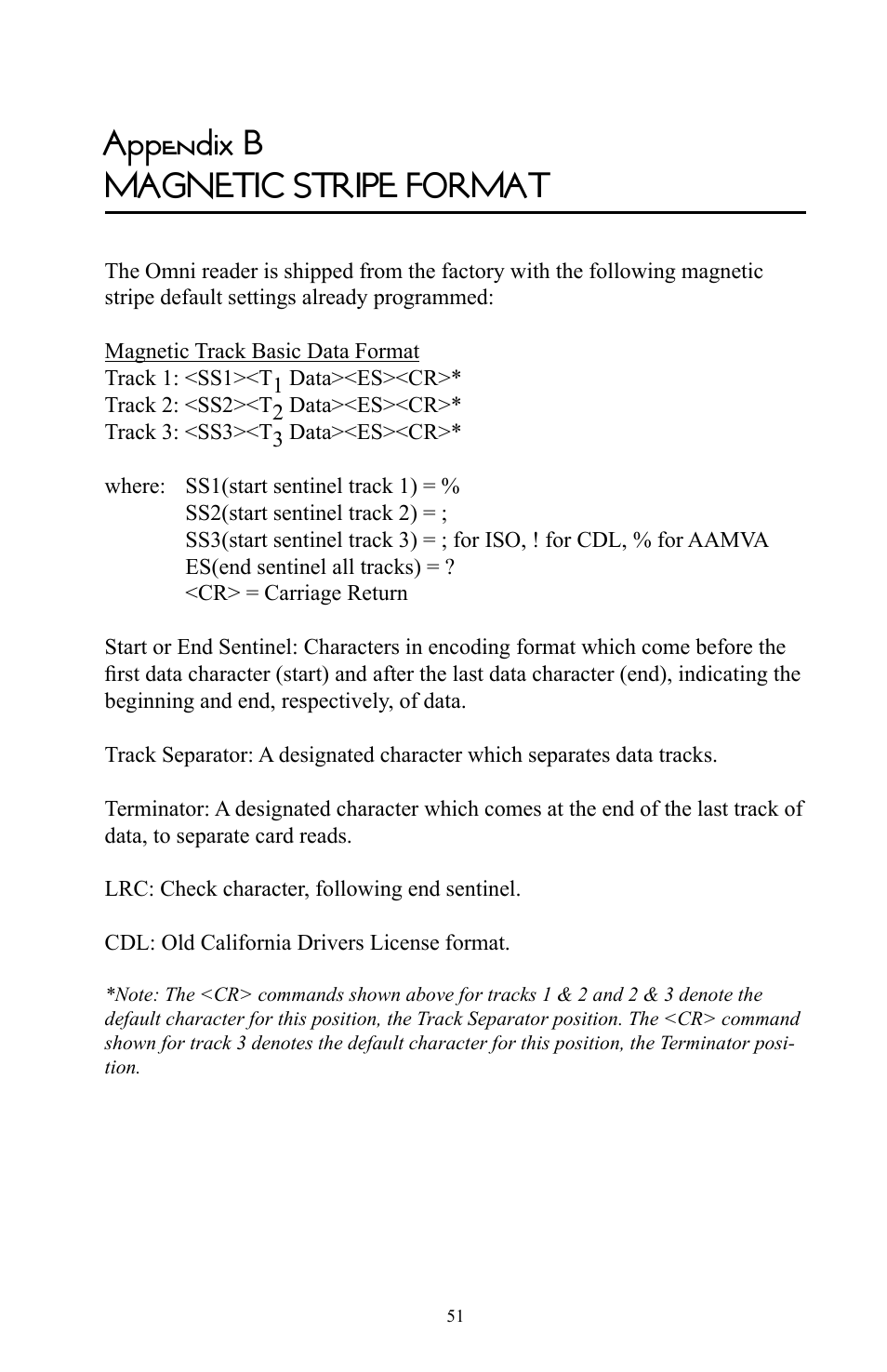 Appendix b magnetic stripe format | Omnitron Systems Technology RS-232 User Manual | Page 57 / 71