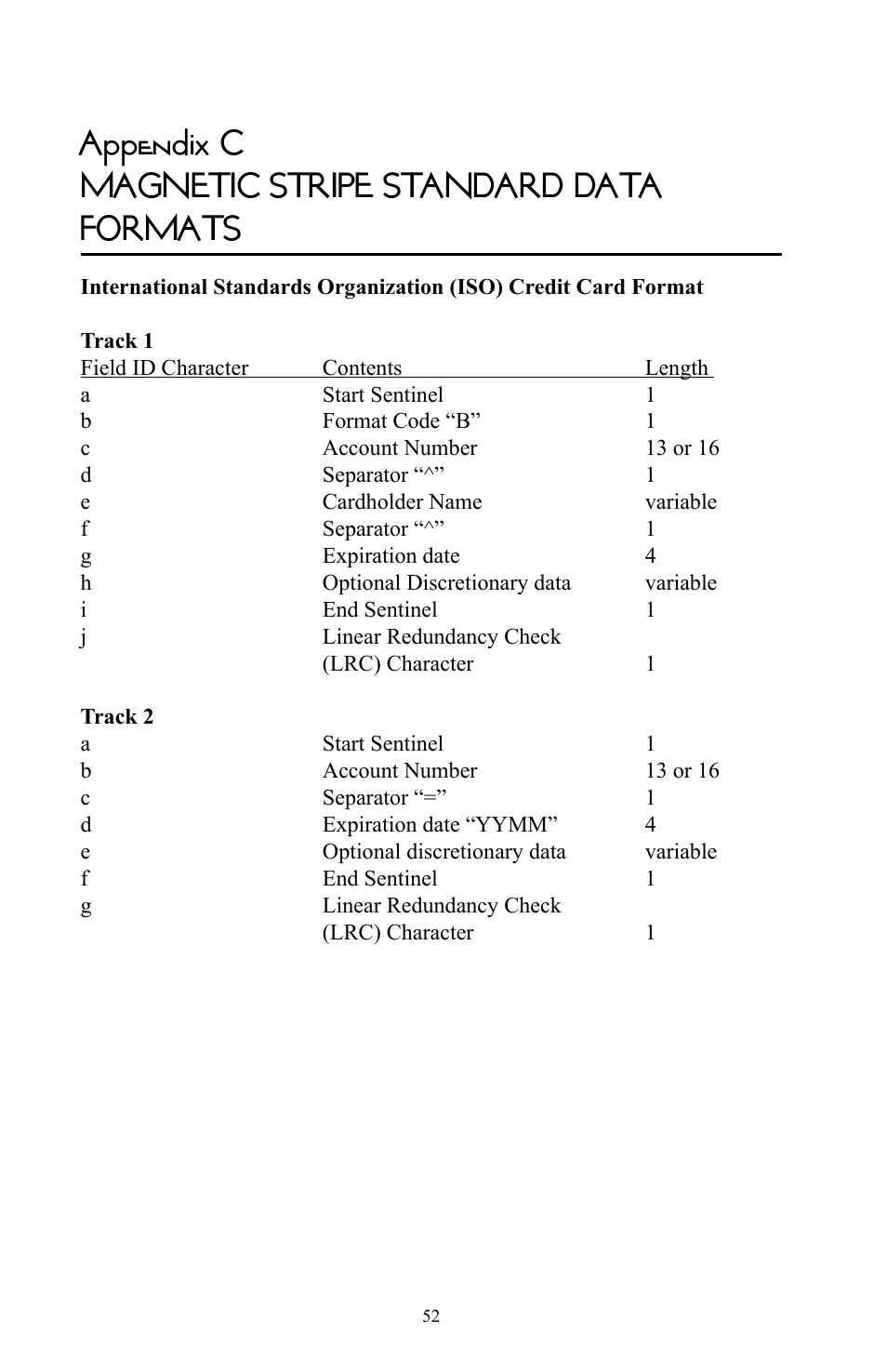Appendix c magnetic stripe standard data formats | Omnitron Systems Technology RS-232 User Manual | Page 58 / 71