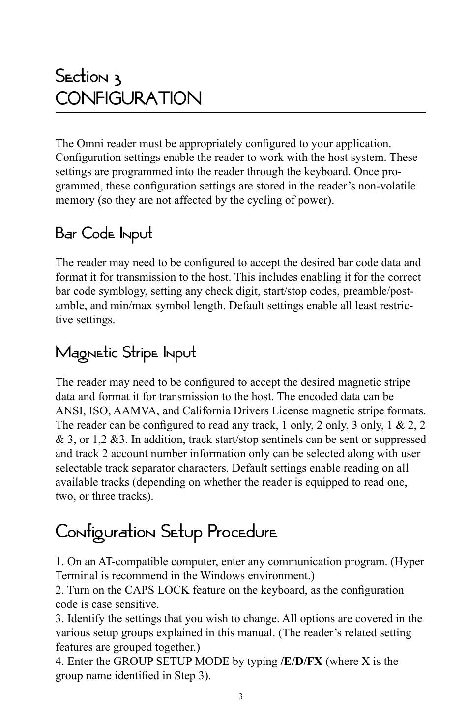 Configuration setup procedure, Bar code input, Magnetic stripe input | Omnitron Systems Technology RS-232 User Manual | Page 9 / 71