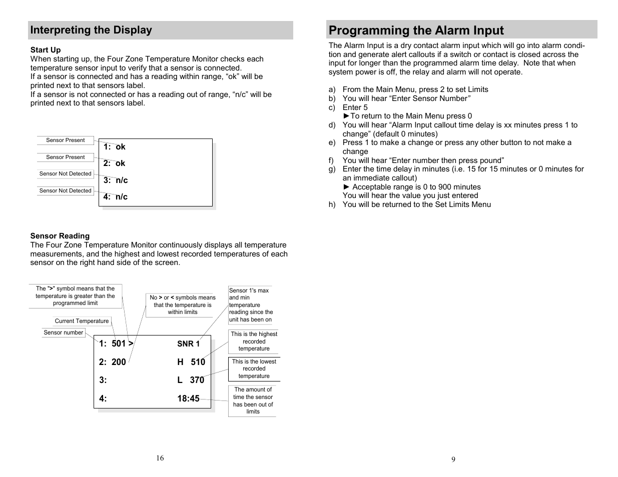 Programming the alarm input, Interpreting the display | Omega Engineering Four Zone Temperature OMA-VM520-DCP User Manual | Page 9 / 12