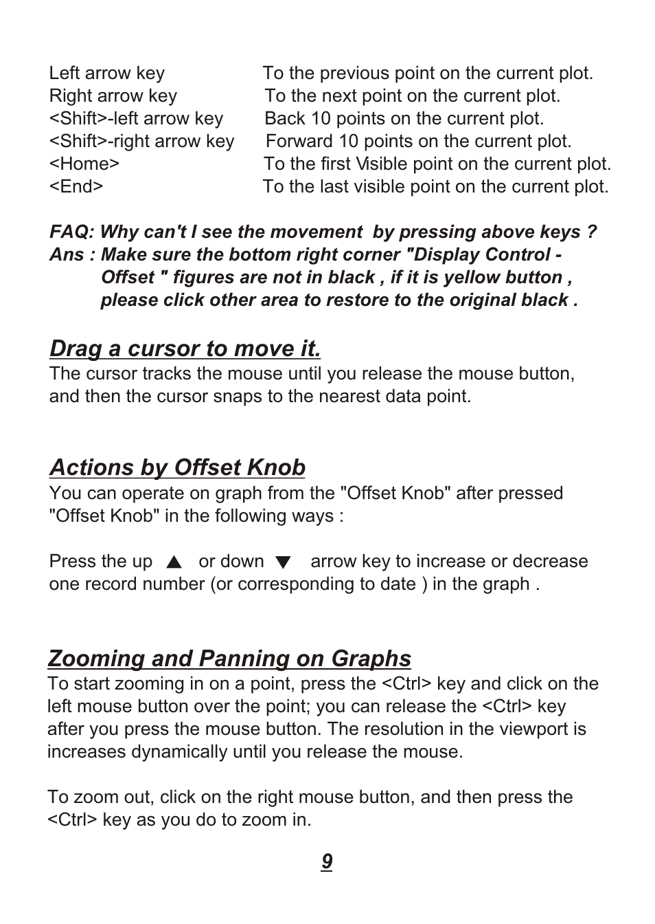 Drag a cursor to move it, Actions by offset knob, Zooming and panning on graphs | Omega Engineering OM88128 User Manual | Page 12 / 45