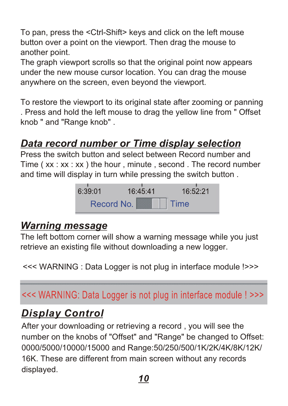 Data record number or time display selection, Warning message, Display control | Omega Engineering OM88128 User Manual | Page 13 / 45