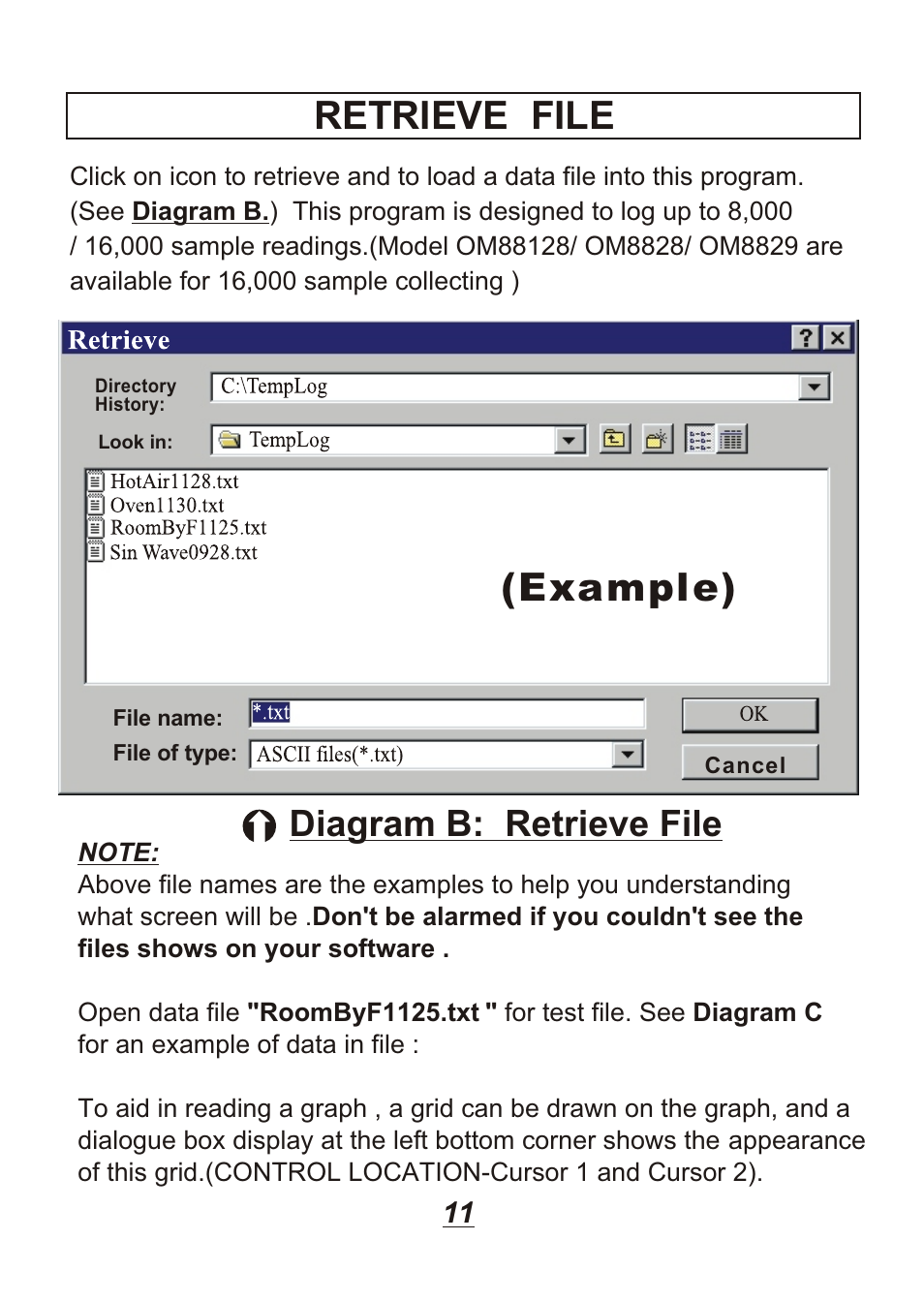 Example), Retrieve file, Diagram b: retrieve file | Omega Engineering OM88128 User Manual | Page 14 / 45