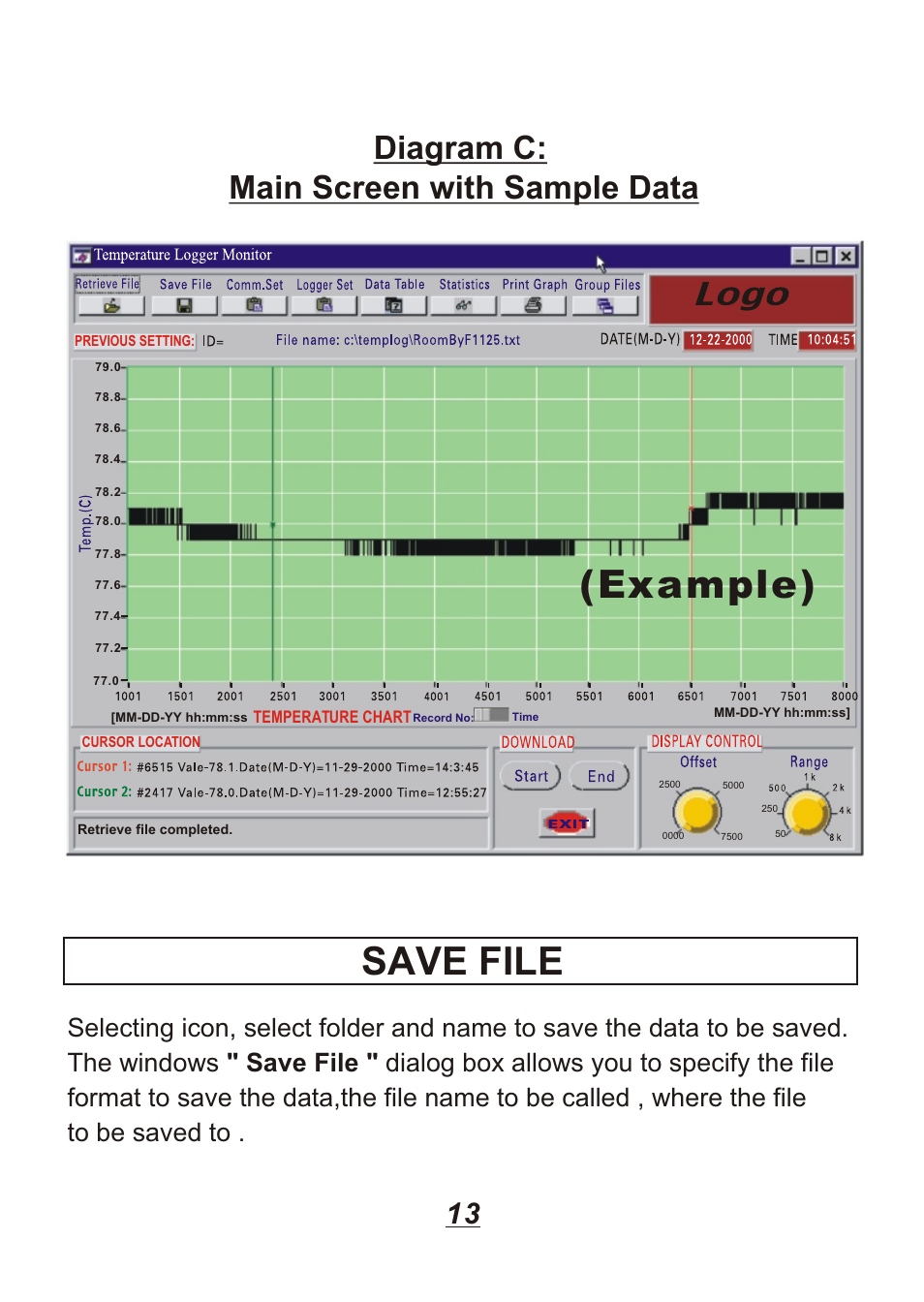 Save file, Example), Diagram c: main screen with sample data | Omega Engineering OM88128 User Manual | Page 16 / 45