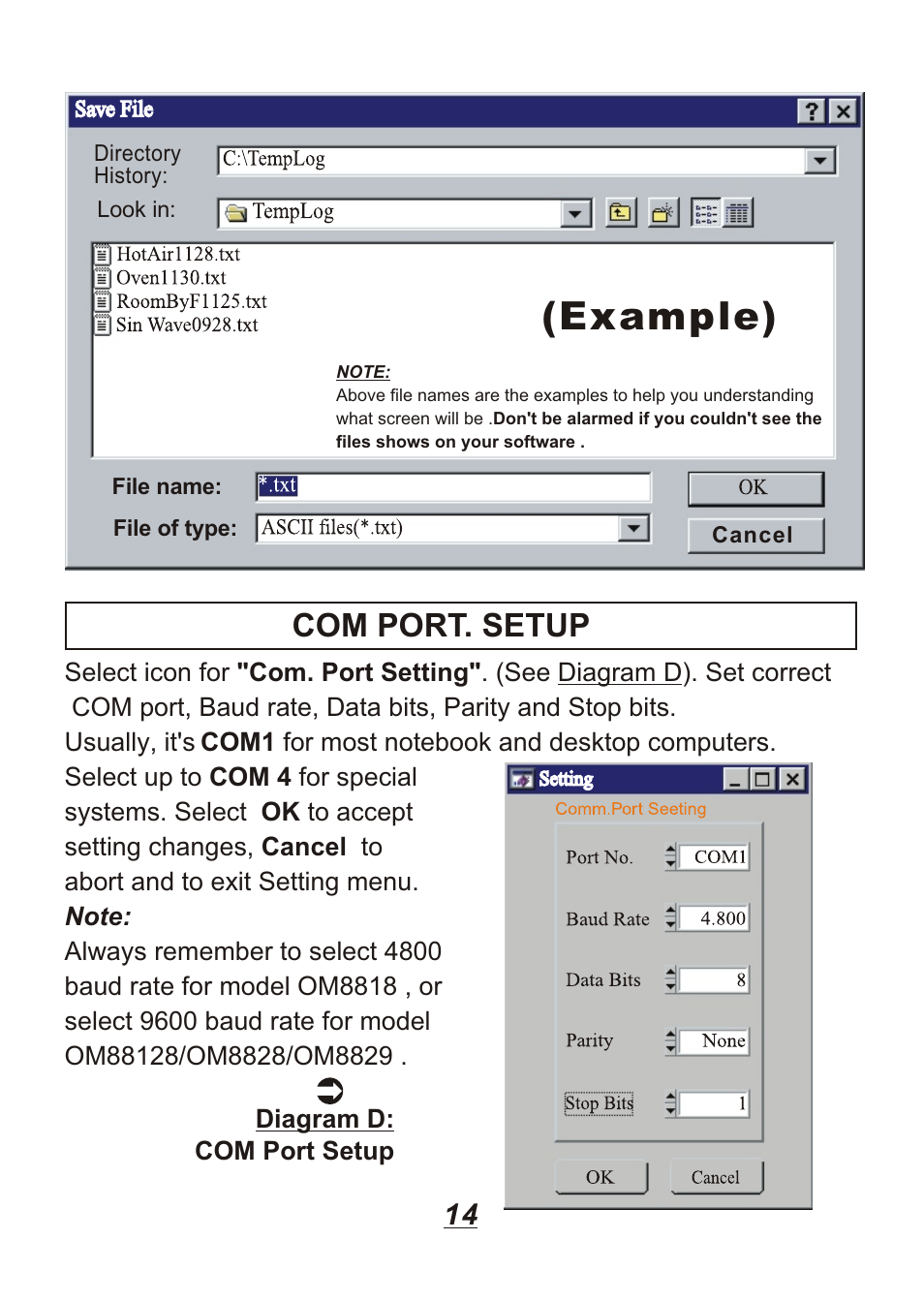 Example), Com port. setup | Omega Engineering OM88128 User Manual | Page 17 / 45