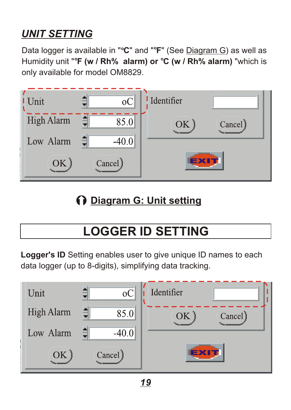 Logger id setting, Unit setting, Diagram g: unit setting | Omega Engineering OM88128 User Manual | Page 22 / 45