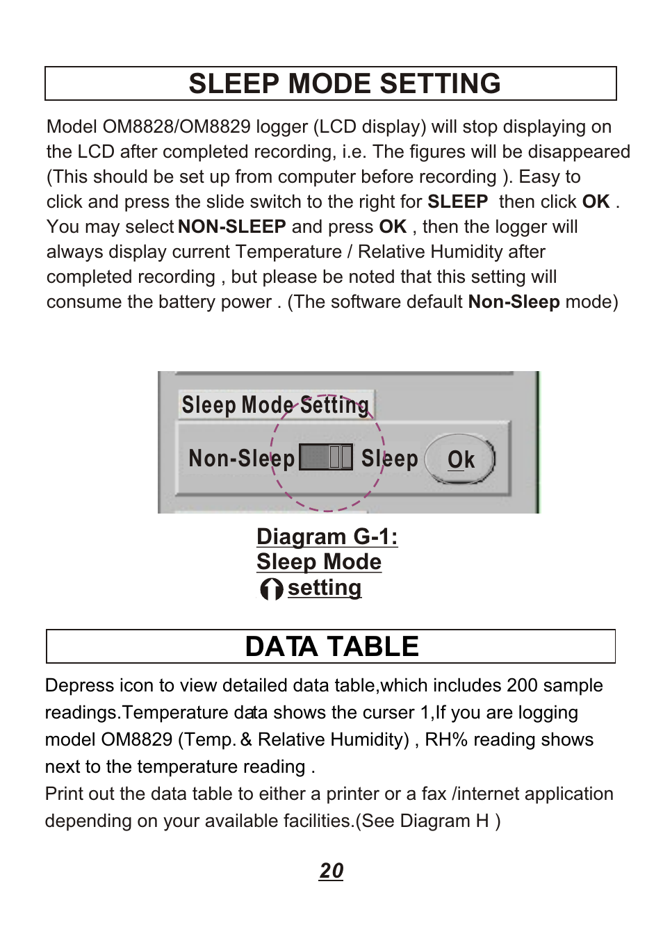 Sleep mode setting, Data table | Omega Engineering OM88128 User Manual | Page 23 / 45