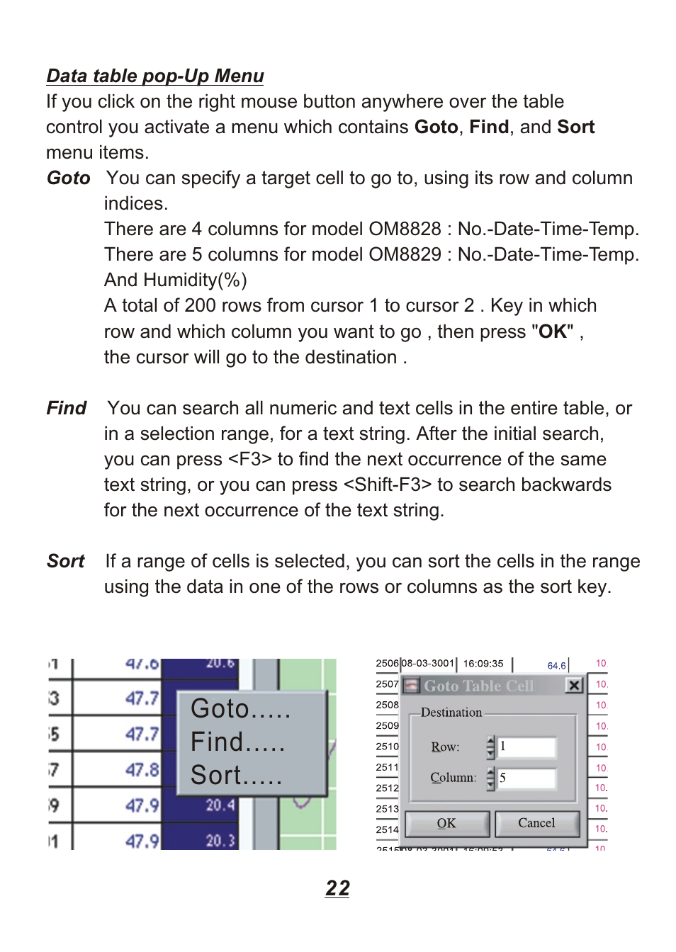 Goto..... find..... sort | Omega Engineering OM88128 User Manual | Page 25 / 45