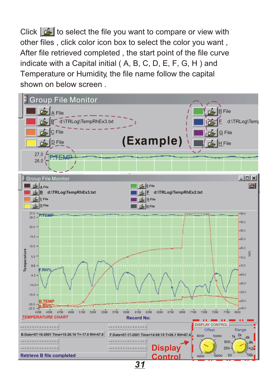 Display control, Example), Group file monitor | Temperature chart, F.temp f.rh% b.temp b.rh, Retrieve b file completed | Omega Engineering OM88128 User Manual | Page 34 / 45
