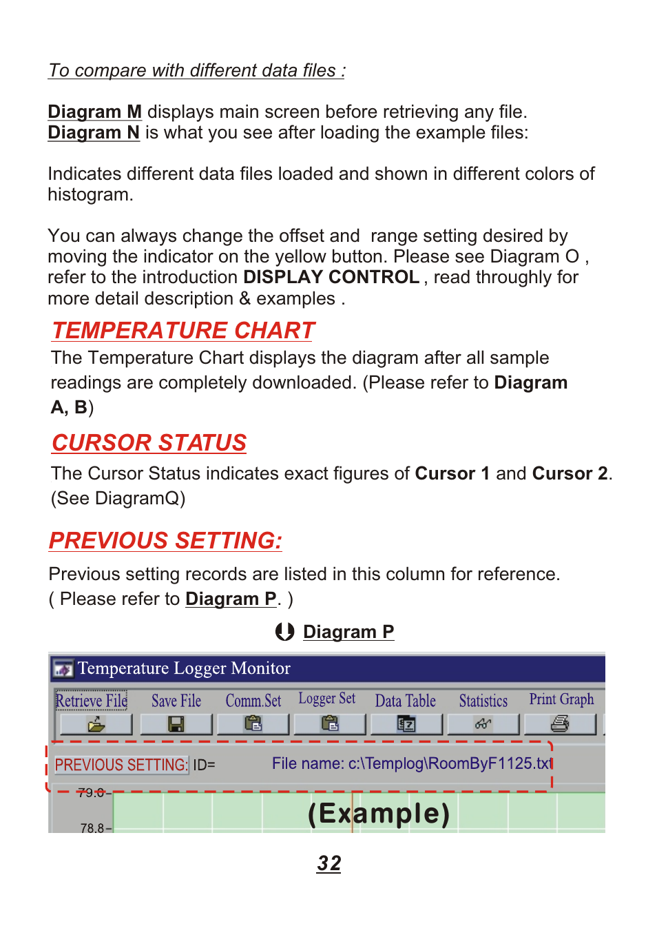 Example), Temperature chart cursor status, Previous setting | Omega Engineering OM88128 User Manual | Page 35 / 45