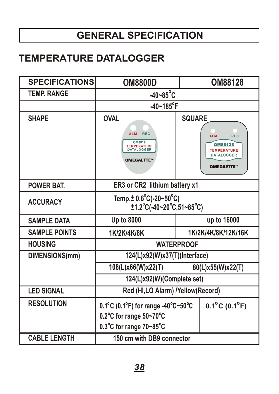 General specification temperature datalogger | Omega Engineering OM88128 User Manual | Page 41 / 45