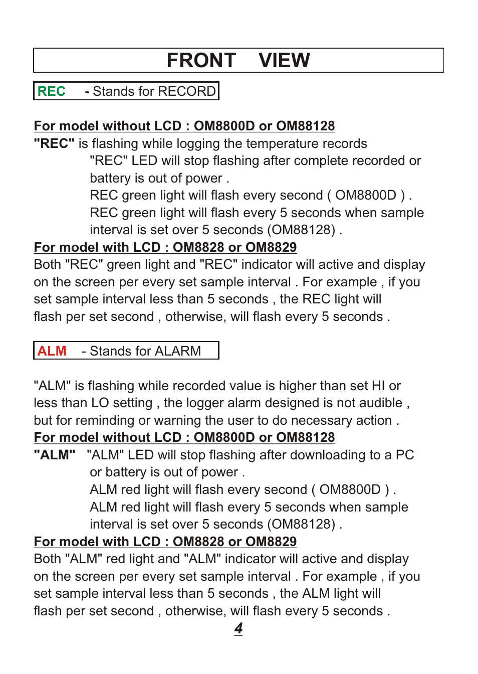 Front view | Omega Engineering OM88128 User Manual | Page 7 / 45