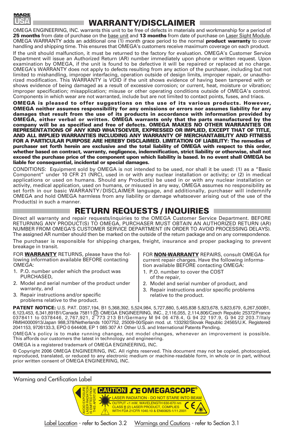 Warranty/disclaimer, Return requests / inquiries, Omegascope | Caution | Omega Engineering OMEGASCOPE OS533 User Manual | Page 77 / 78