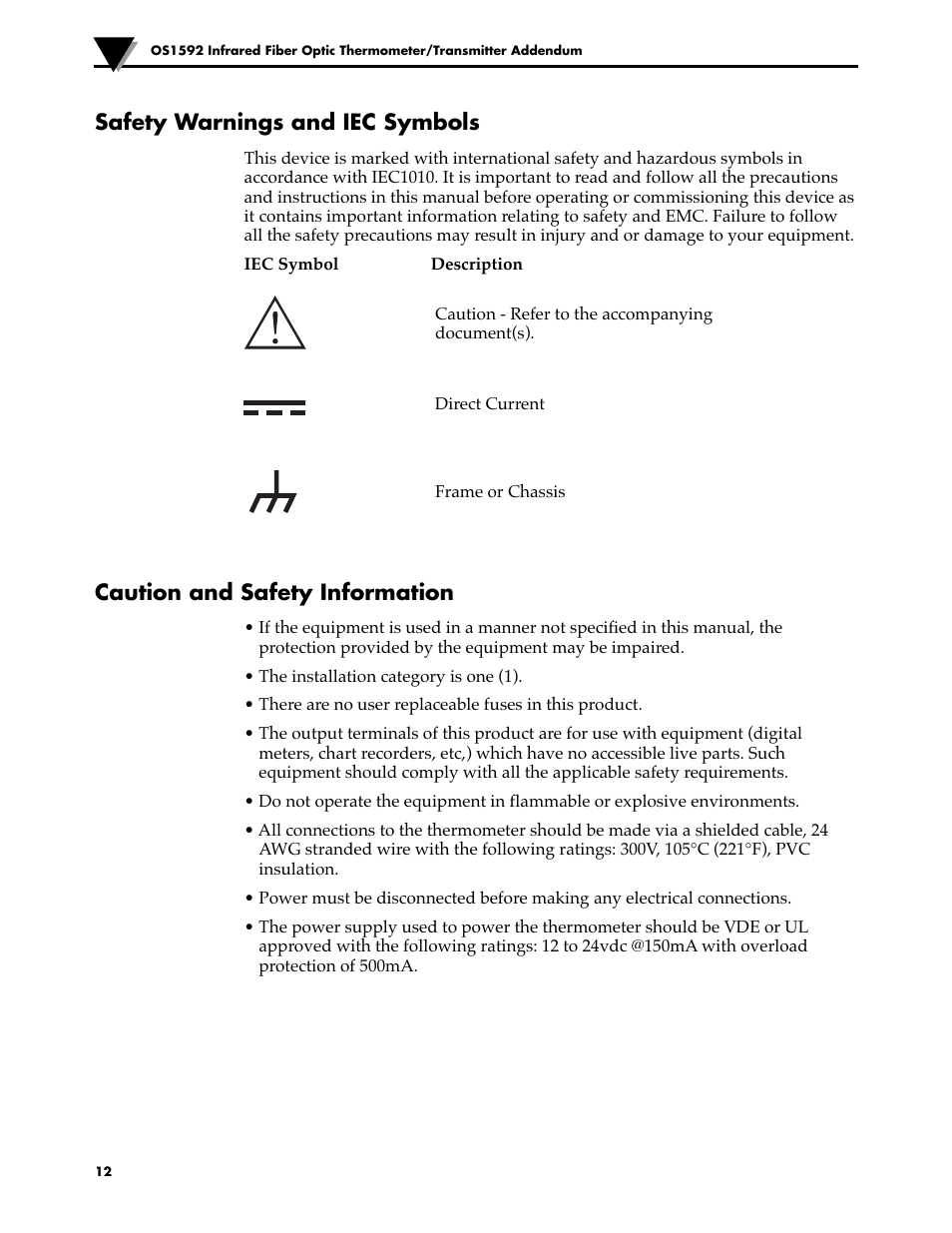 Safety warnings and iec symbols, Caution and safety information | Omega Engineering OS1592 User Manual | Page 17 / 18