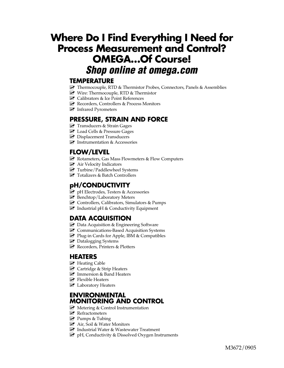 Temperature, Pressure, strain and force, Flow/level | Ph/conductivity, Data acquisition, Heaters, Environmental monitoring and control | Omega Engineering OS1592 User Manual | Page 18 / 18