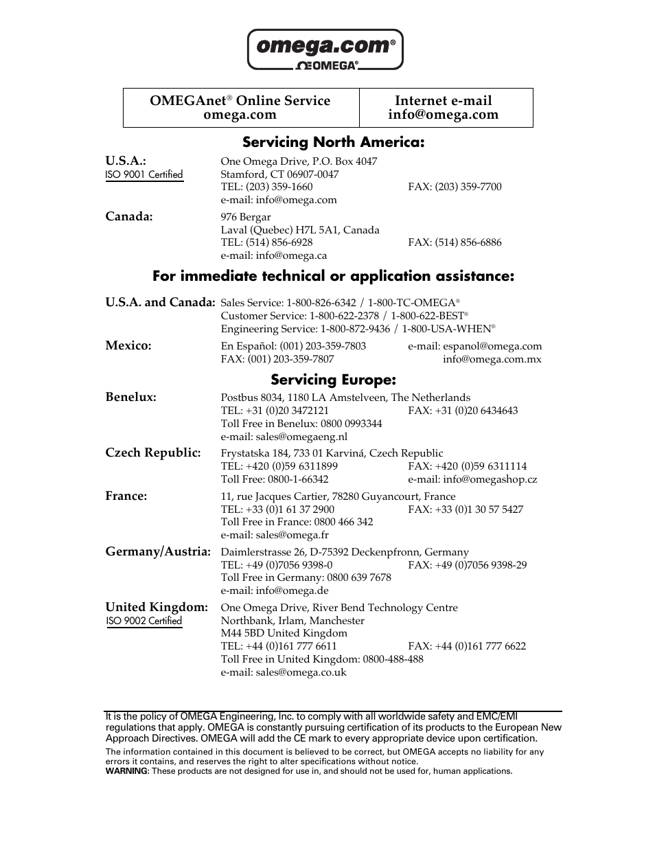 Servicing north america, For immediate technical or application assistance, Servicing europe | Omeganet | Omega Engineering OS1592 User Manual | Page 2 / 18