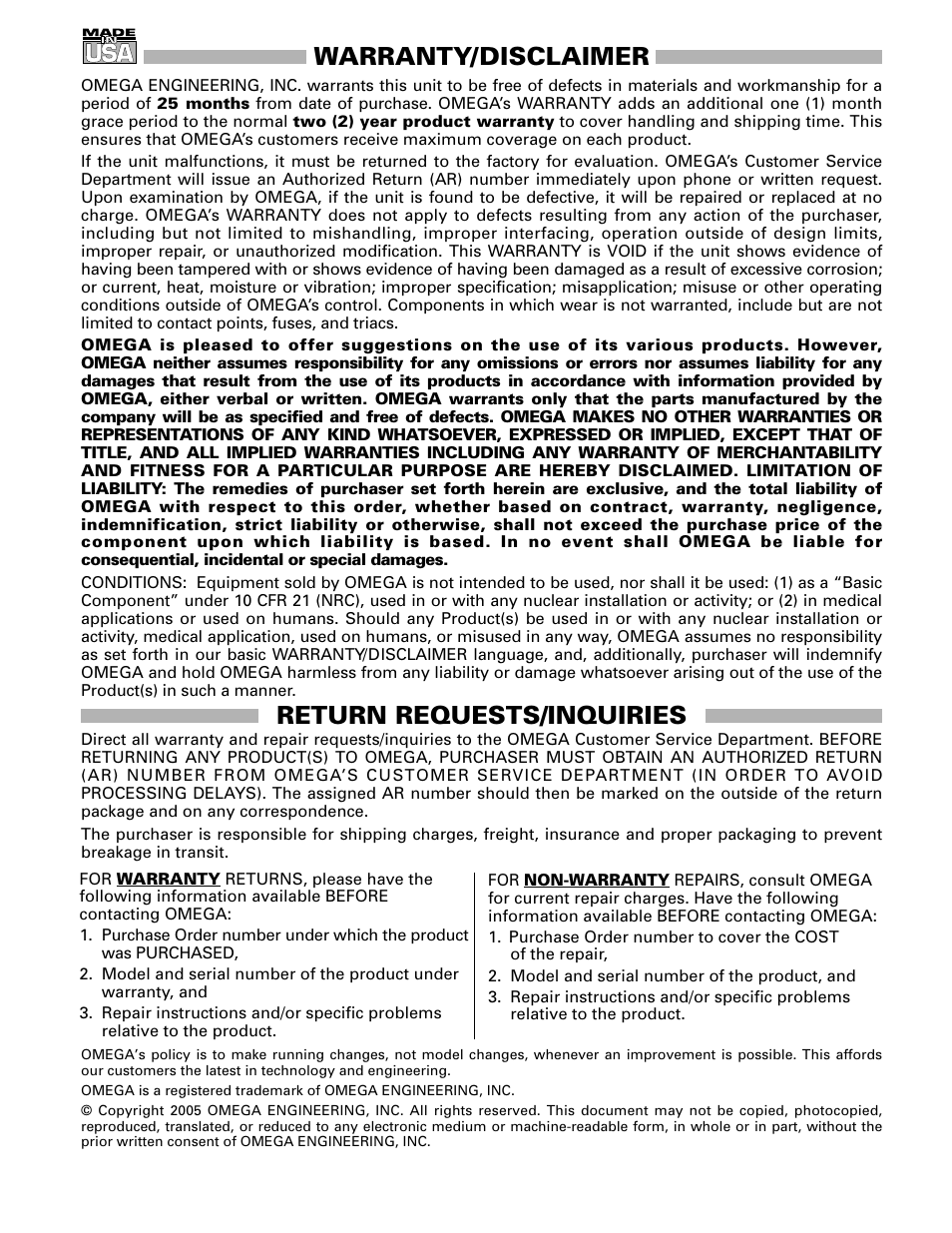 Warranty/disclaimer, Return requests/inquiries | Omega Engineering OS1592 User Manual | Page 3 / 18