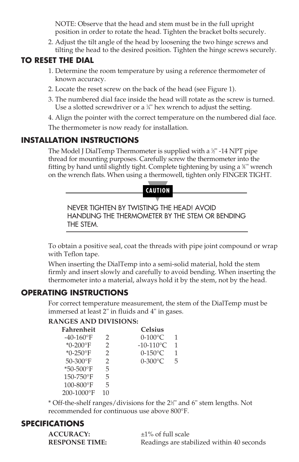 Installation instructions, Operating instructions, Specifications | Omega Engineering J DIALTEMPTM M0102 User Manual | Page 2 / 4