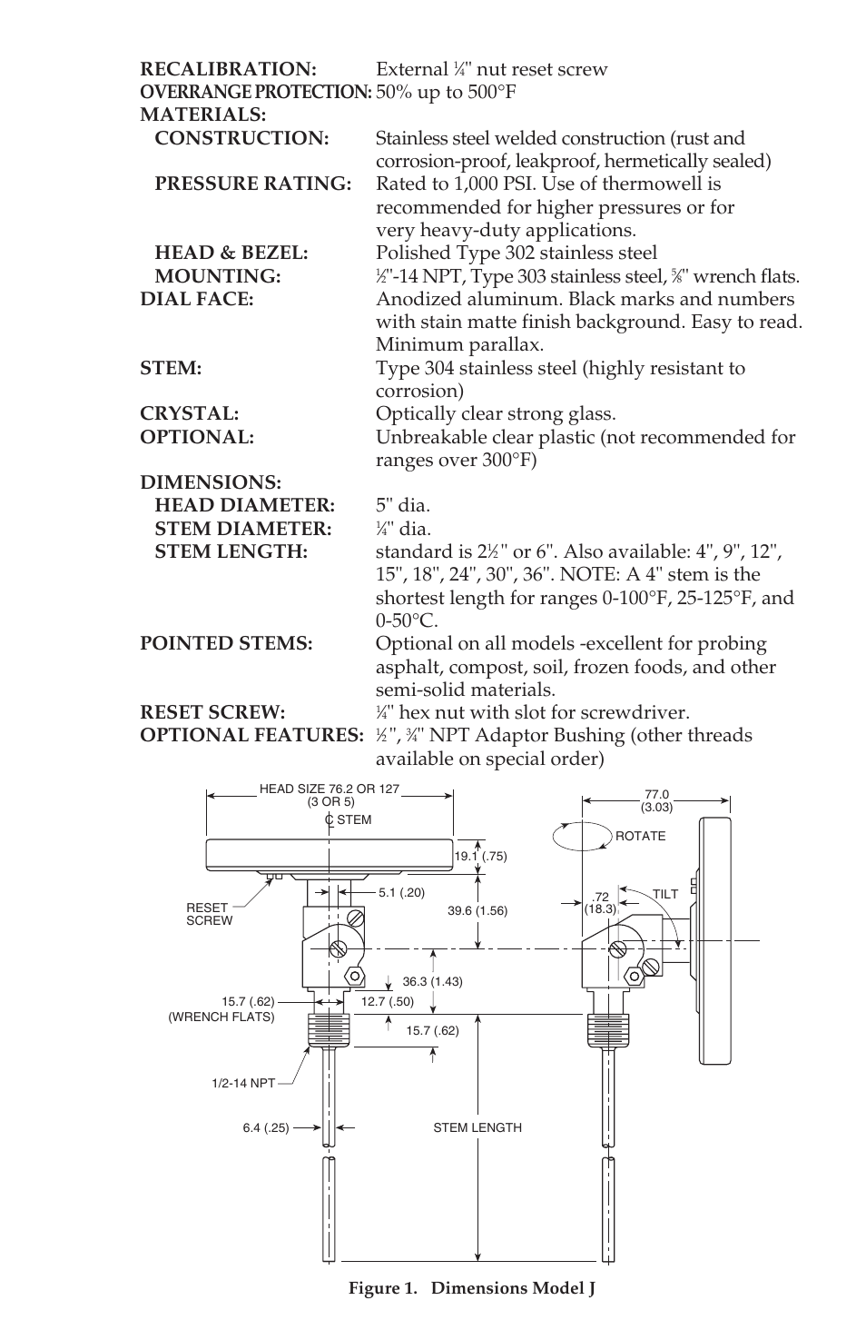 Recalibration: external, Dia. stem length: standard is 2 | Omega Engineering J DIALTEMPTM M0102 User Manual | Page 3 / 4