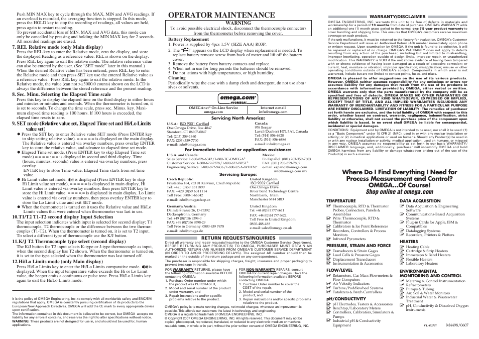 Operator maintenance | Omega Engineering HH802U User Manual | Page 2 / 2