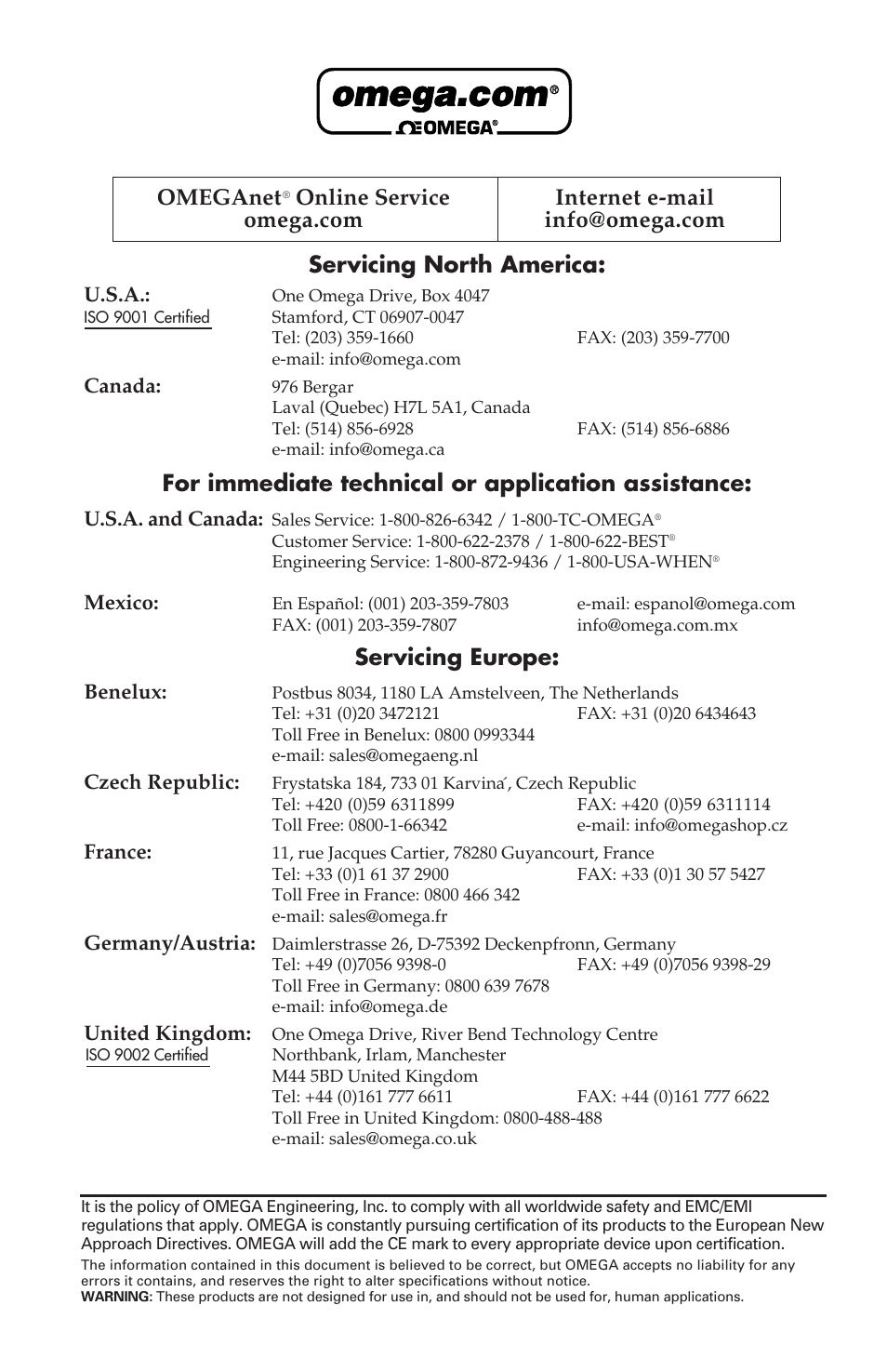 Servicing north america, For immediate technical or application assistance, Servicing europe | Omeganet | Omega Engineering DIN-190 User Manual | Page 2 / 11