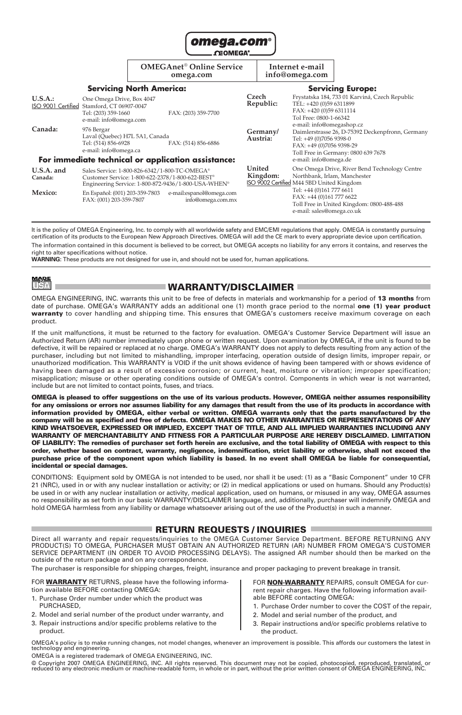 Warranty/disclaimer, Return requests / inquiries | Omega Engineering PSP User Manual | Page 4 / 4