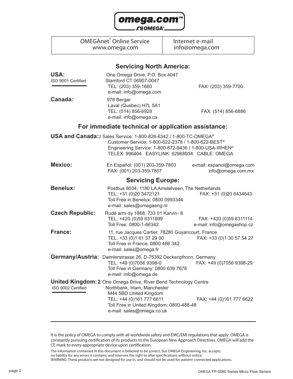Servicing north america, For immediate technical or application assistance, Servicing europe | Omeganet, Online service internet e-mail | Omega Engineering Series Micro Flow Sensor FP-5060 User Manual | Page 2 / 8