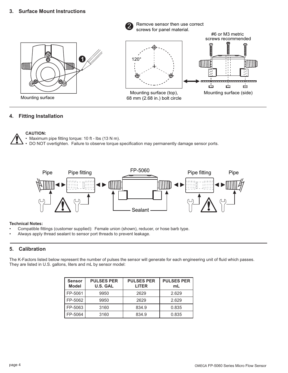 Omega Engineering Series Micro Flow Sensor FP-5060 User Manual | Page 4 / 8