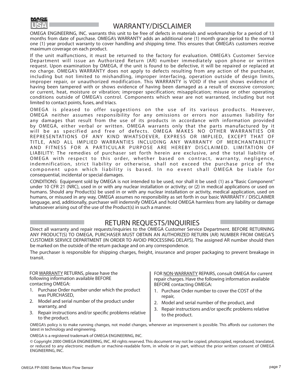 Warranty/disclaimer, Return requests/inquiries | Omega Engineering Series Micro Flow Sensor FP-5060 User Manual | Page 7 / 8