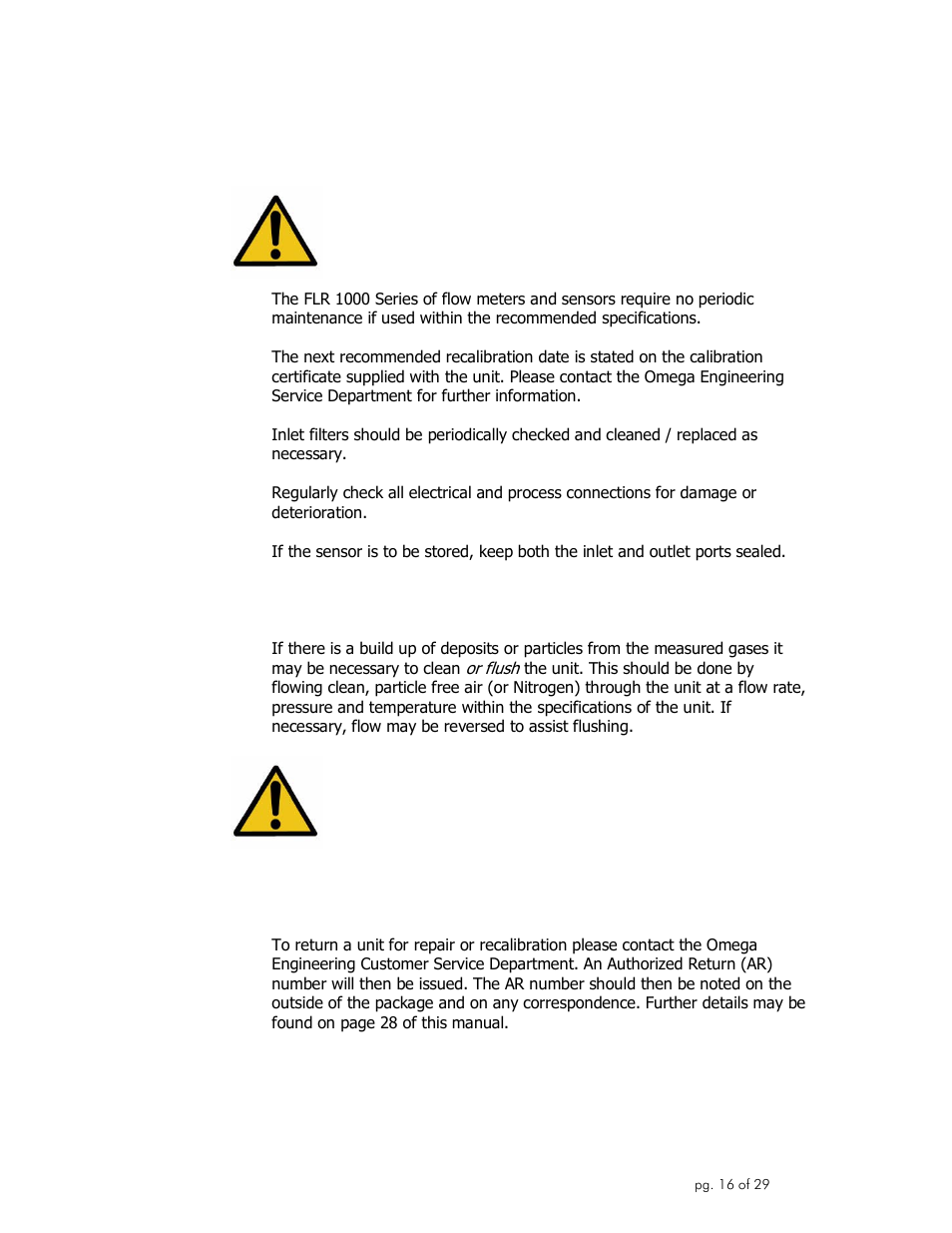 Maintenance and product care | Omega Engineering FLR1000 User Manual | Page 16 / 29