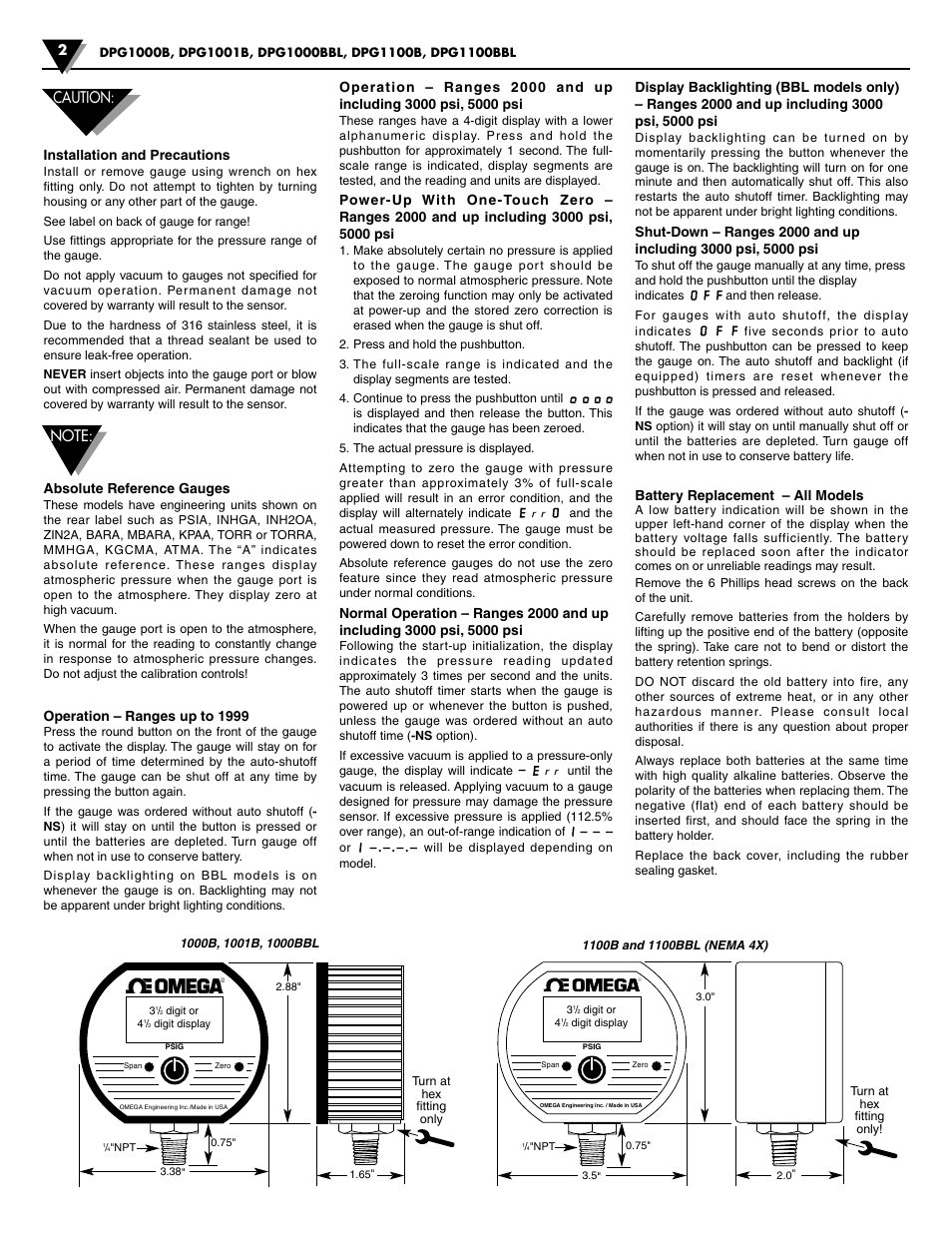 Caution, 2installation and precautions, Absolute reference gauges | Operation – ranges up to 1999, Battery replacement – all models | Omega Engineering DPG1001B User Manual | Page 2 / 4