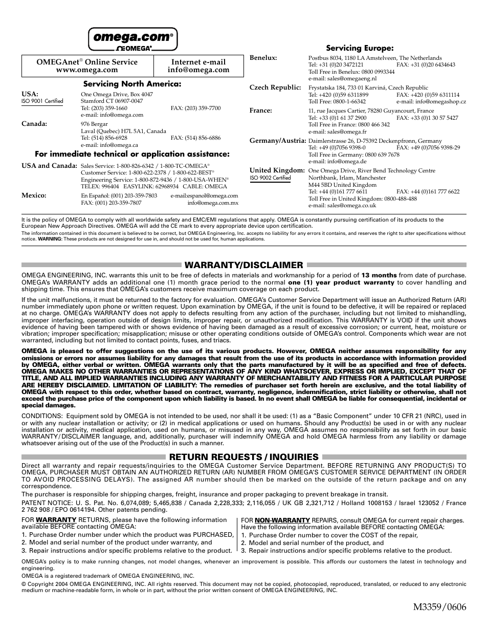 Warranty/disclaimer, Return requests / inquiries | Omega Engineering DPG1001B User Manual | Page 4 / 4