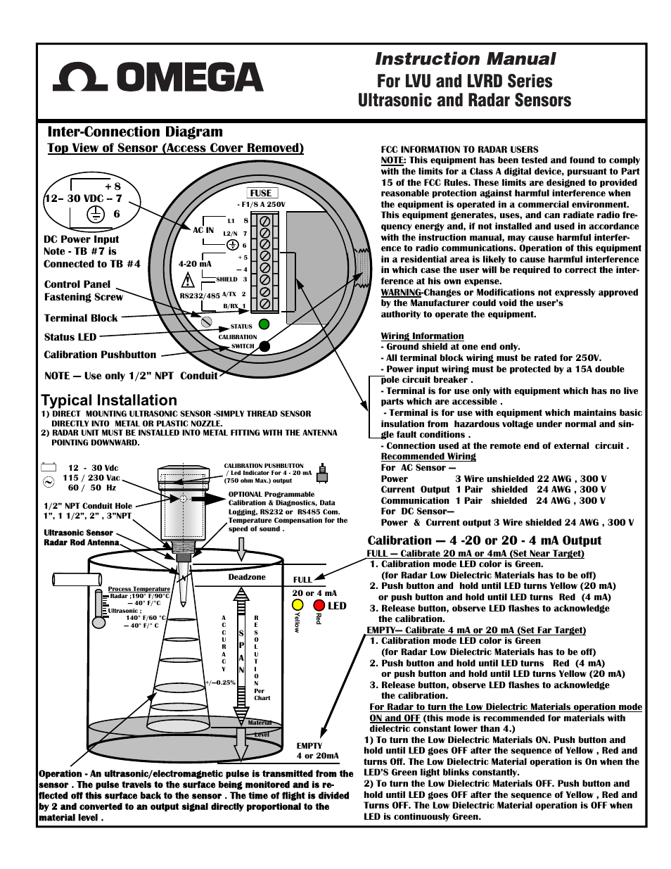 Inter-connection diagram, Typical installation, Top view of sensor (access cover removed) | Omega Engineering LVRD500 User Manual | Page 2 / 4