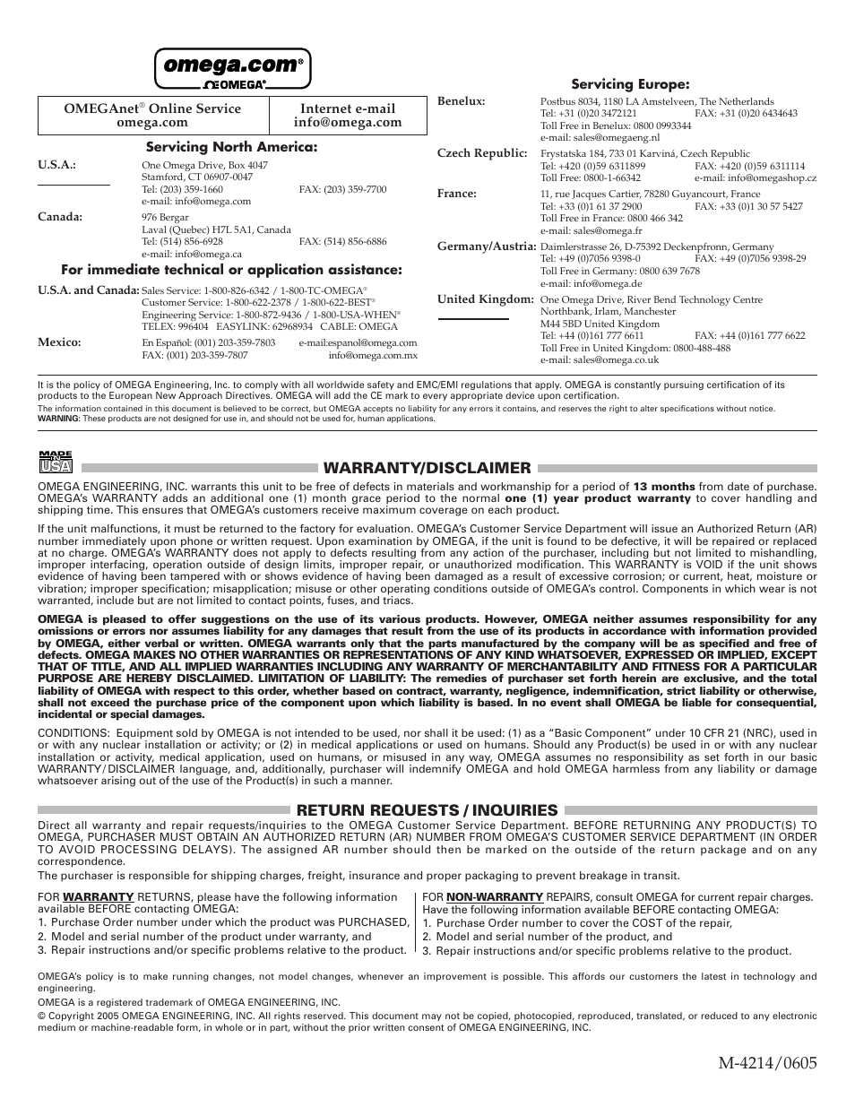 Warranty/disclaimer, Return requests / inquiries | Omega Engineering LVRD500 User Manual | Page 4 / 4