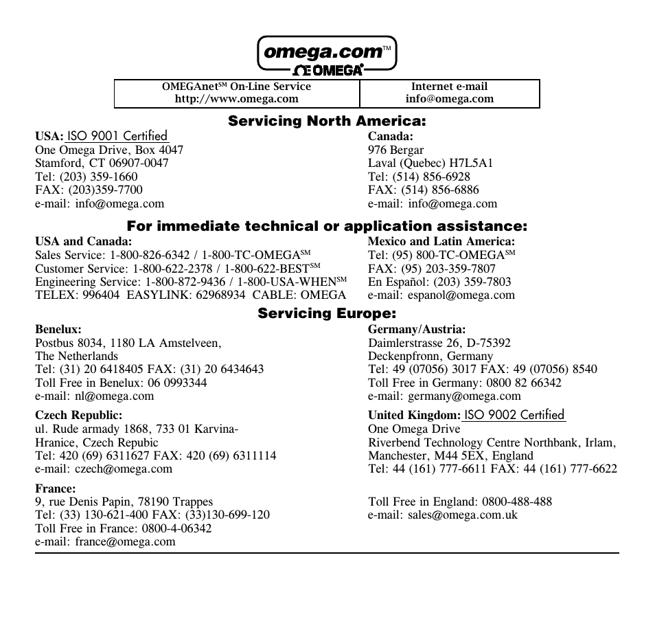 Servicing north america, For immediate technical or application assistance, Servicing europe | Omega Engineering HH505 User Manual | Page 2 / 15