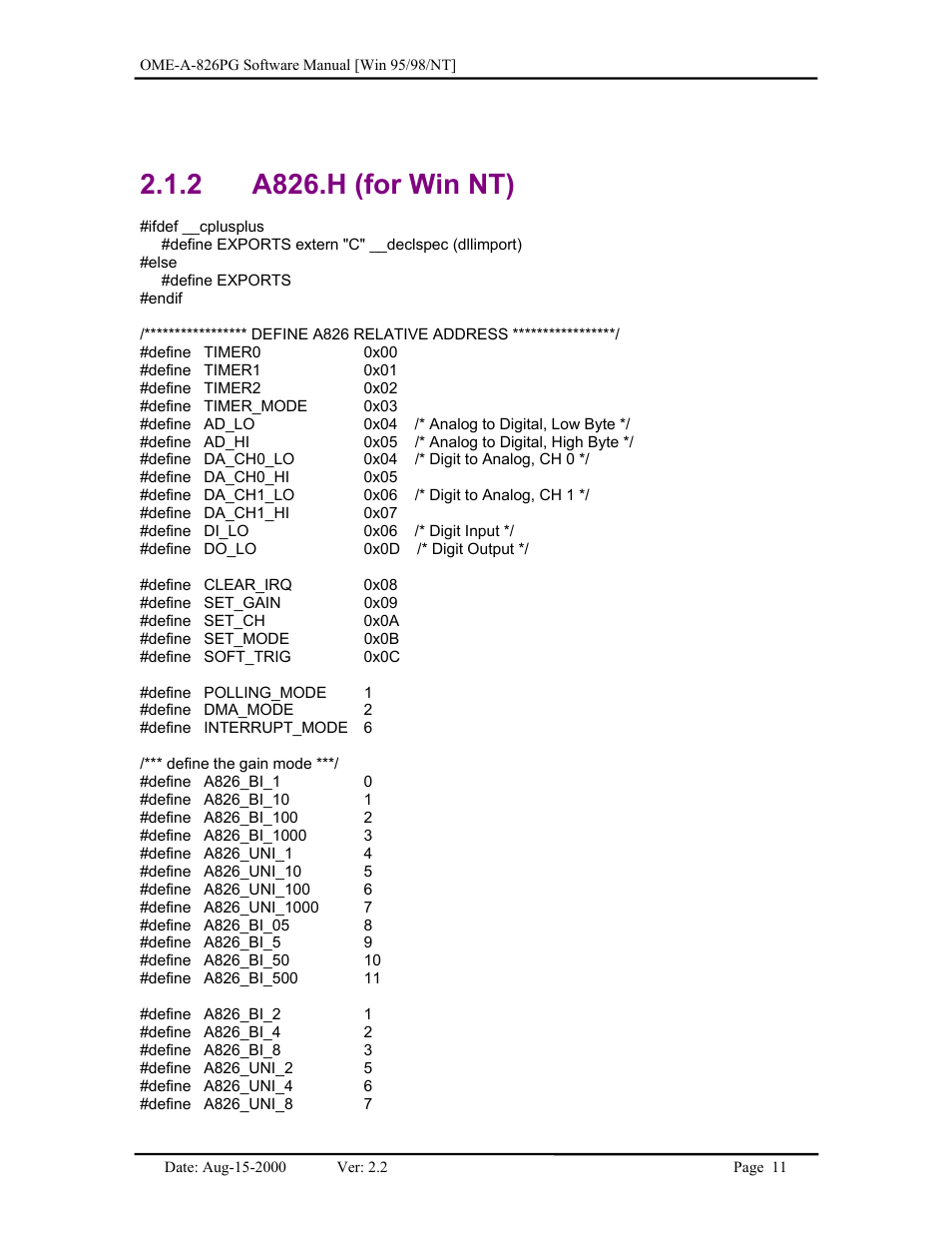 A826.h (for win nt), 2 a826.h (for win nt) | Omega Engineering OME-A826PG User Manual | Page 13 / 60