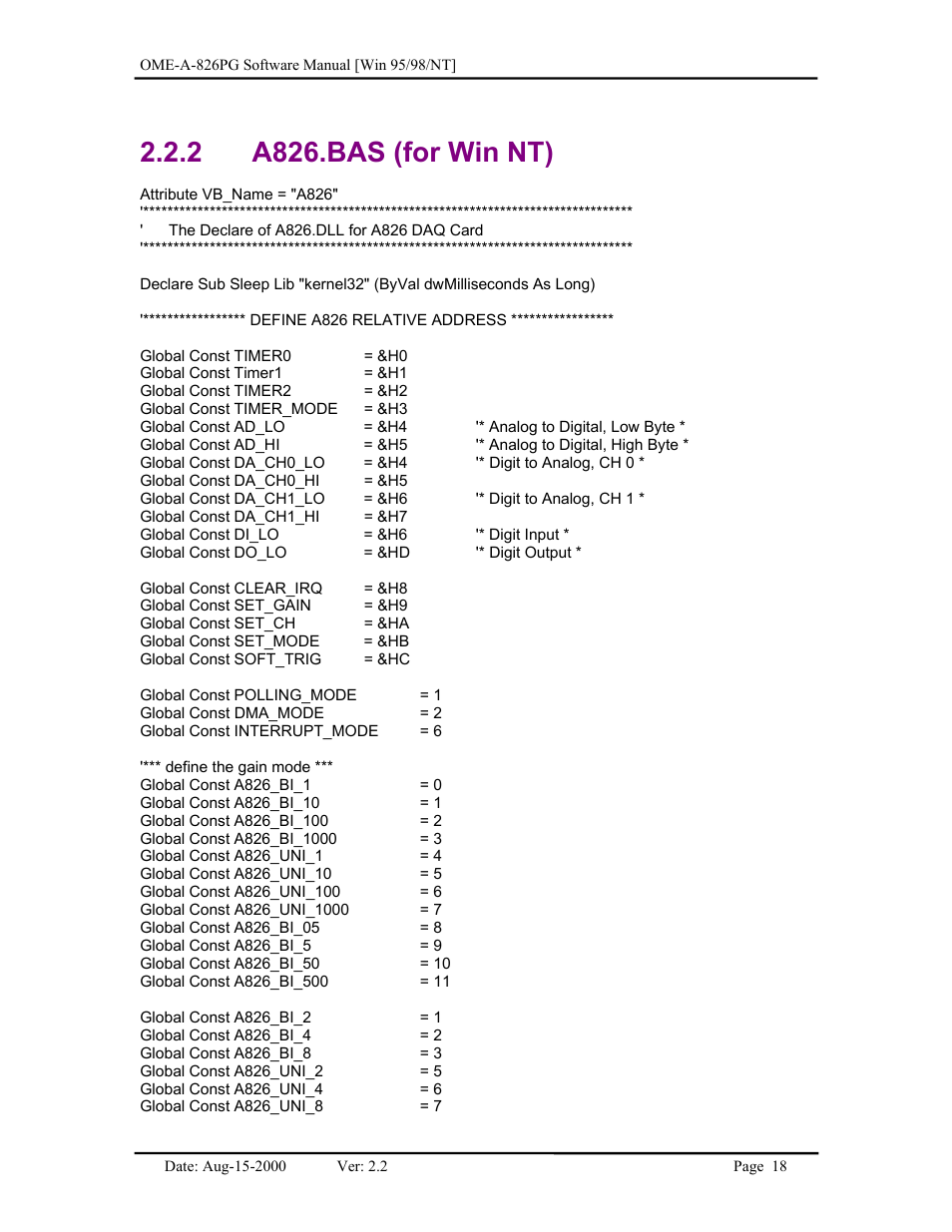 A826.bas (for win nt), 2 a826.bas (for win nt) | Omega Engineering OME-A826PG User Manual | Page 20 / 60